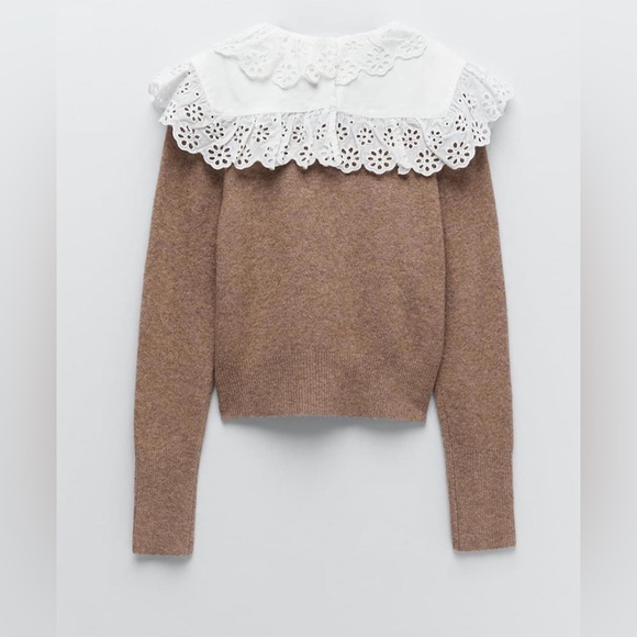 Zara sweater beige camel tan knitted collar lace - Picture 6 of 7